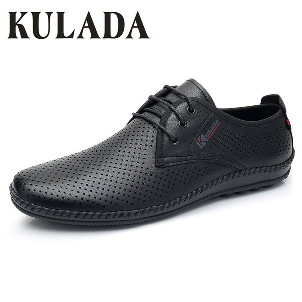 

kulada 2019 men shoes summer sandals natural fashion hollow-out leather casual comfortable men boat shoes t200420, Black