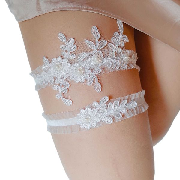 

elegant garter white flower hollow lace thigh ring leg clothing wedding accessories for women female bride party, Black;white