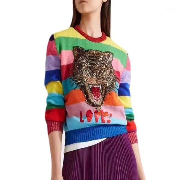 Luxus Pullover Frauen Weiches Fell Pullover Cartoon Buchstaben Gestrickte Pullover Regenbogen Gestreift1