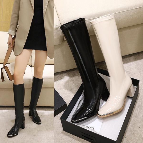 

boots women shoes 2021 knee-high patent leather for high heels big size 31-431, Black