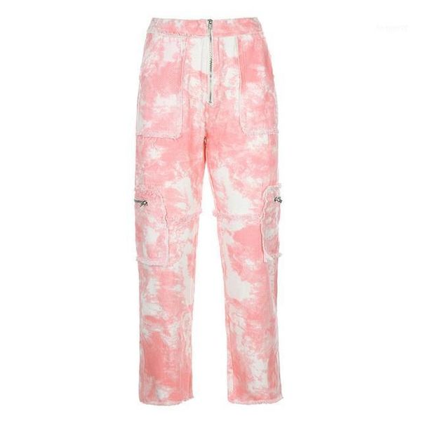 

newdiscvry tie dye women jeans pants zip high waist trousers cargo pants straight joggers denim ladies fashion streetwear1, Blue