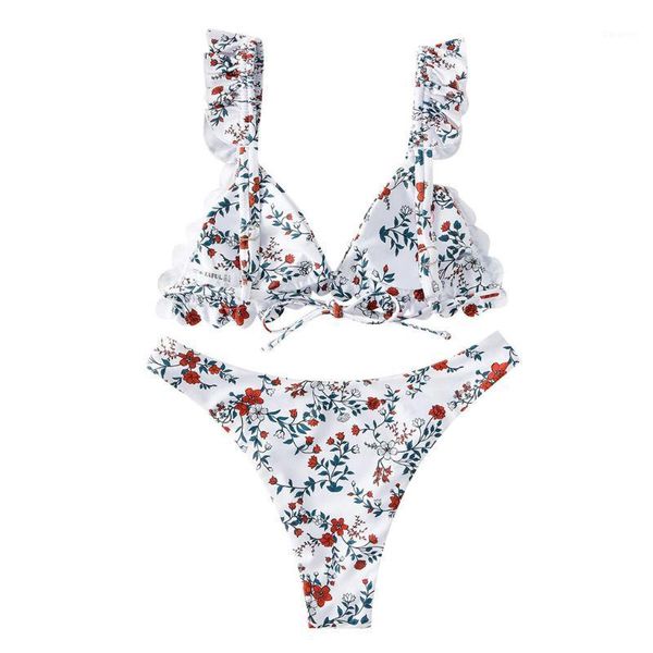 

2020 summer swimsuit women swimwear flower print high cut v neck two pieces bikini set swimwear swimsuit beachwear bathing1, White;black