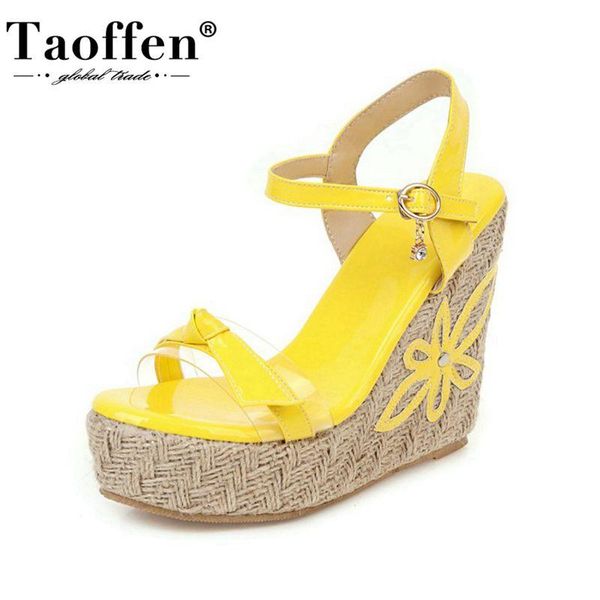 

taoffen plus size 30-48 women sandals shoes fahsion flat heels platform shoes women flower design knot metal buckle footwear, Black