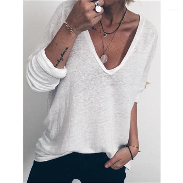 

female thin section tshirt womens solid color v-neck t-shirts summer fashion casual loose long sleeves tees designer new, White