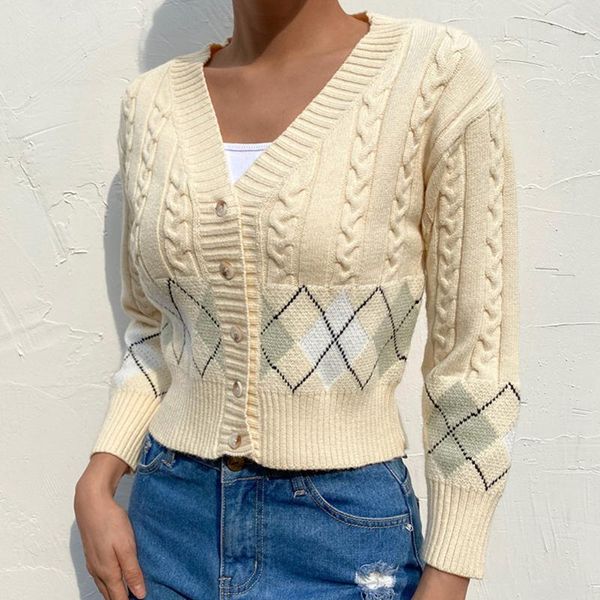 

women cardigan knitted sweater coat vintage jumper argyle y2k autumn yellow women v-neck casual preppy-style 1, Black;brown