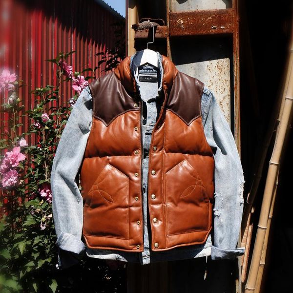 

men's vests j-93 us big size super quality italian cow skin waistcoat cowhide leather 90% duck feather down warm vest, Black;white