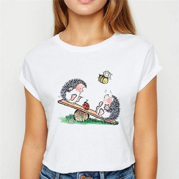 

hedgehog and dandelion cartoon printed female t-shirt casual harajuku t-shirt graphics t-shirt 90s female, White