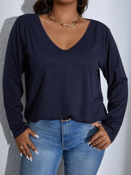

plus solid v neck tee 06nf#, Black