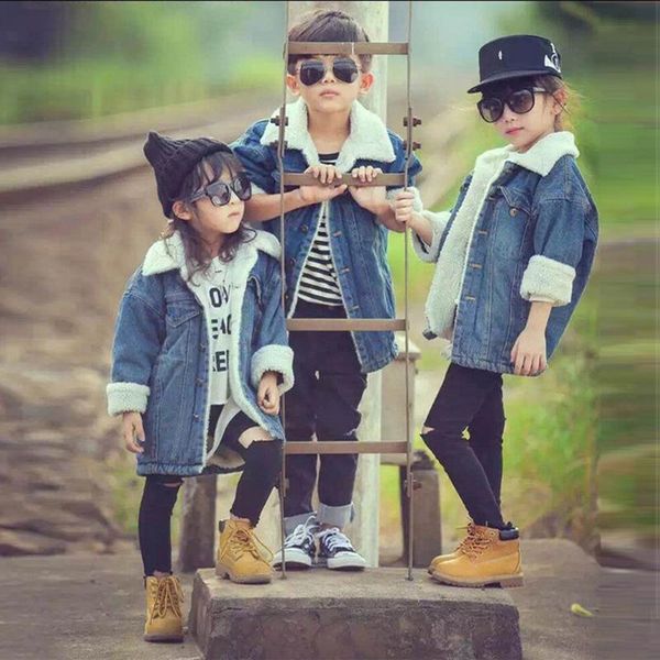 

winter warm long girls denim jackets thickening jean boys coats camofleece kids coats baby girls clothing boys clothes, Blue;gray