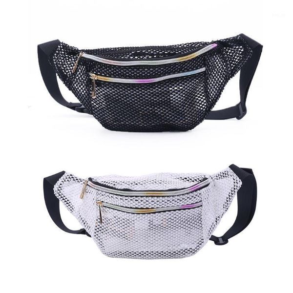 

black white solid color mesh translucent fashion waist bag water resistant adjustable fanny pack 30 x 16cm pvc1