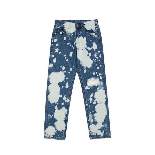 

men's jeans high street hip hop wind space cloud pattern casual hole washing jeans, Blue