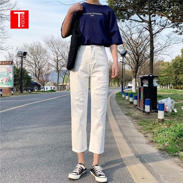 

tmoda472 women chic holes ankle-length fashion leisure white denim trousers womens teens solid streetwear ins loose harajuku, Blue