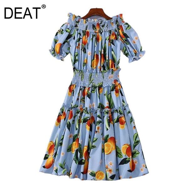 

deat] 2020 beach style dress women's elastic pleated short sleeve slim waist knee length fruit pattern new summer fashion am388, Black;gray