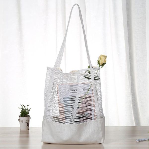

mesh shopping hollow beach bag canvas mesh bag shoulder environmental storage handbag reusable foldable eco grocery totes