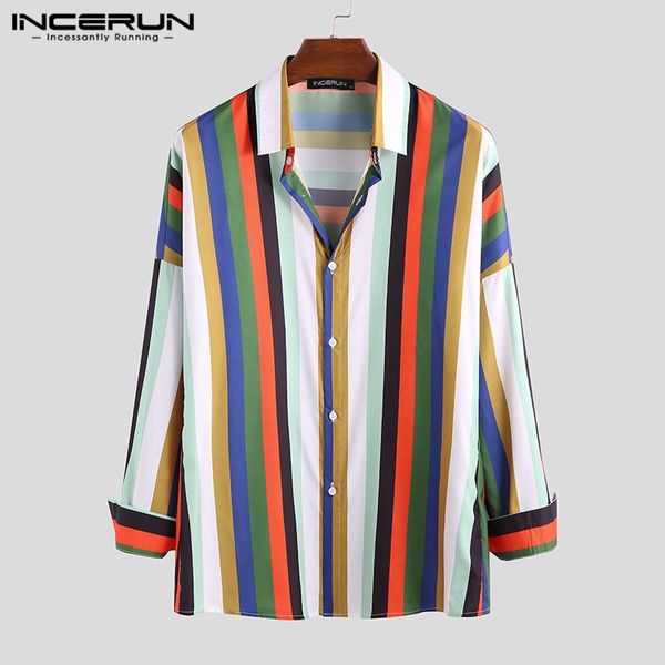 

incerun color-block striped shirt men stylish 2020 long sleeve blouse lapel breathable loose brand shirt men streetwear s-5xl, White;black