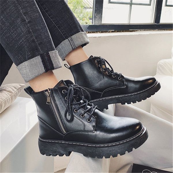 

men's winter boots male plus velvet british style tooling short black male korean style trendy black all-match handsome