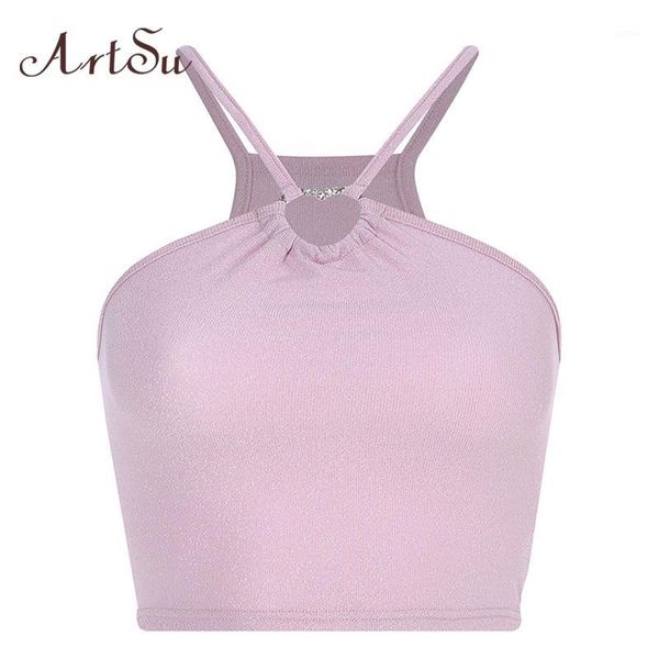 

backless pink cute crop sleeveless camis women summer lurex fitness halter vest cami streetwear asve206271, White