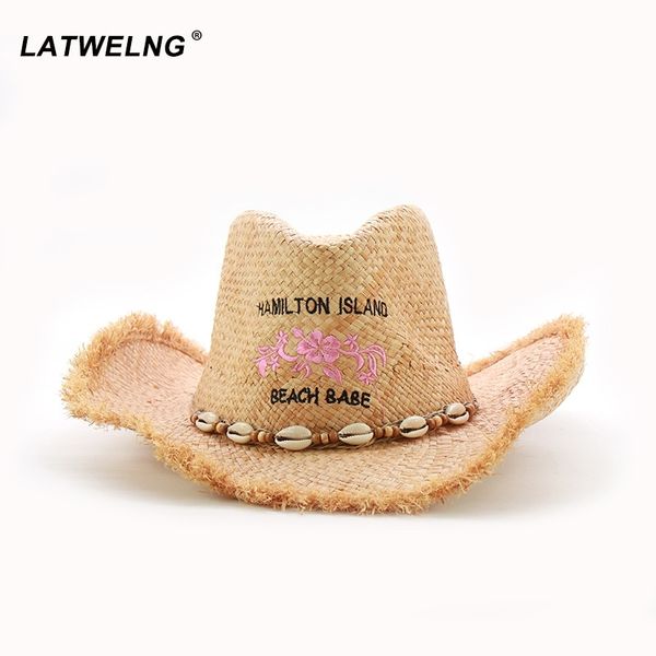 Novo cinturão de casca moderna Mulheres Panamá Cowgirl Raffia Beach Hats UV Homem Homem de Jazz Cool Jazz Visor de Visor Western Cowboy Sun Hat Y200602