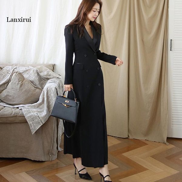 

new autumn winter office lady runway designer women long trench coat notched collar wrap black maxi outwear1, Tan;black