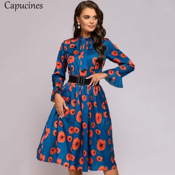

capucines bow tie flare sleeve printed dress for women elastic waist a line vintage midi dresses 2020 autumn clothes(no belt)1, Black;gray