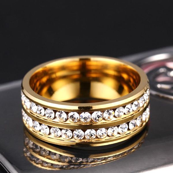 

8mm fashion classics double row zircon stainless steel ring for men wedding band rings engagement ring jewelry gifts, Slivery;golden