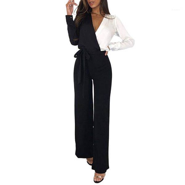 

colorblock jumpsuits for women wide leg jumpsuit full sleeve wrap deep v-neck long rompers office lady overalls jumpsuit outfits1, Black;white