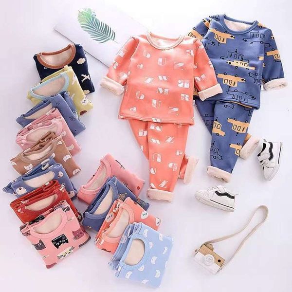 

plush warm cloth autumn and winter thickened children's pajamas home wear two piece set 1688, Blue;red