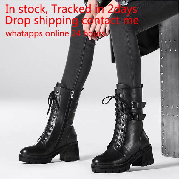 

2020 new autumn winter plus velvet mart female thick-heeled british style korean women's leather snow boots q1104, Black
