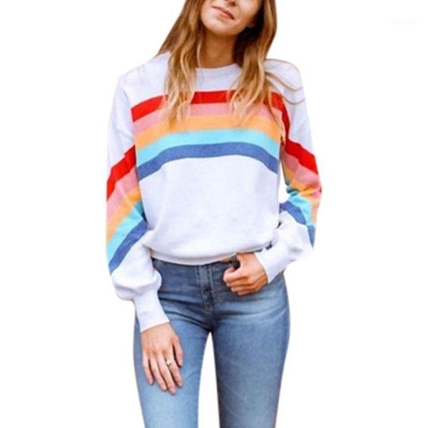 

fashion autumn winter women sweatshirts rainbow pattern printed long sleeve o-neck pullovers knitted loose sweatshirt 1, Black