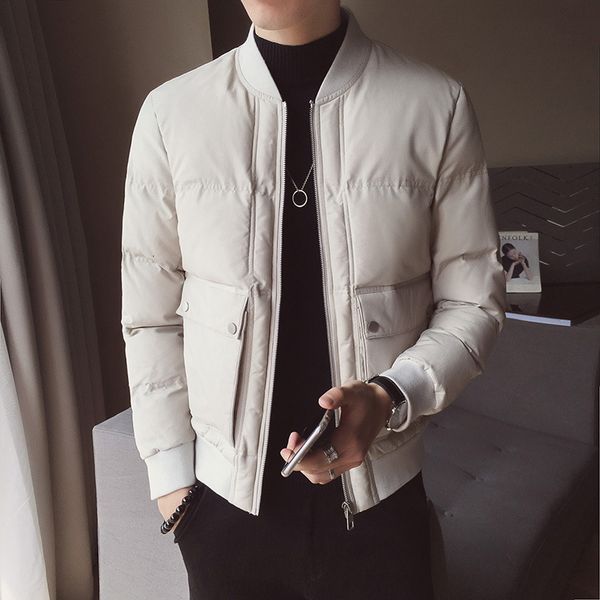 

2020 winter new youth korean fashion big pocket down jacket slim collar cotton padded men's wear, Black