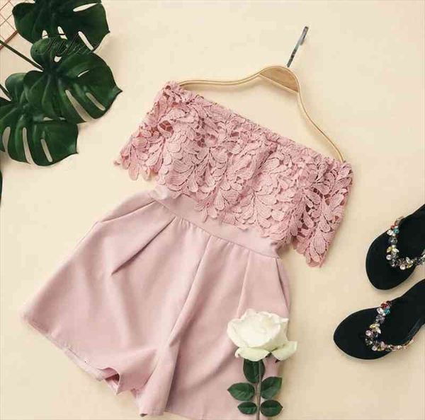 

summer playsuits women slim off the shoulder shorts romper woman elegant patchwork lace causal beach jumpsutis feminina, Black;white
