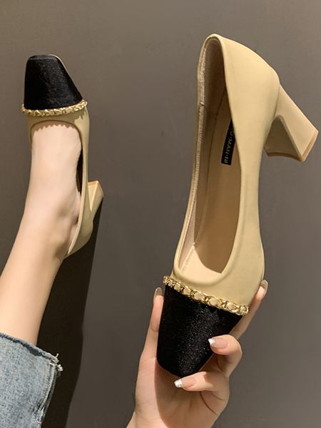 

dress shoes woman office ladies casual heels 2022 all-match lace-up branded pumps slip on chunky sandals square toe footwear wor, Black