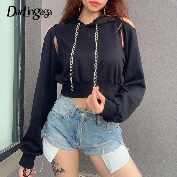 

darlingaga streetwear punk black толстовка женщина solid обрезанного толстовка chain kpop пуловеры осень hoodie зимняя одежда 2020