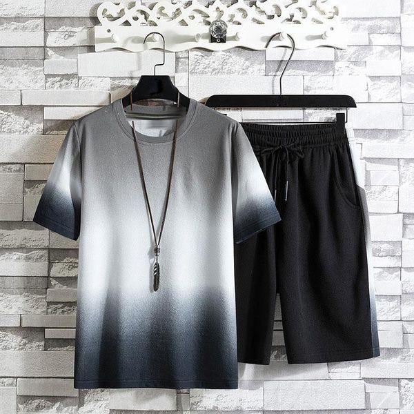 

2020 new summer men's casual sports t-shirt five-point shorts set sportswear tracksuit male men clothing plus size1, Gray