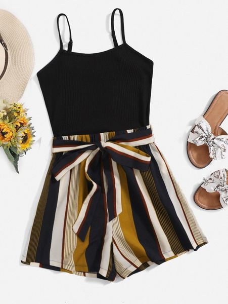 

striped colorblock belted combo slip romper h5ca#, White