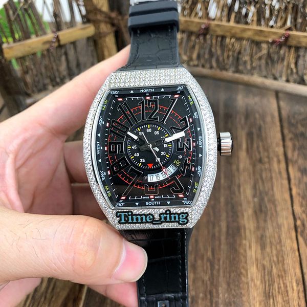 

edition v45 sc dt black date dial silver diamond case automatic mechanical movement mens watch black leather strap brand sport watches, Slivery;brown