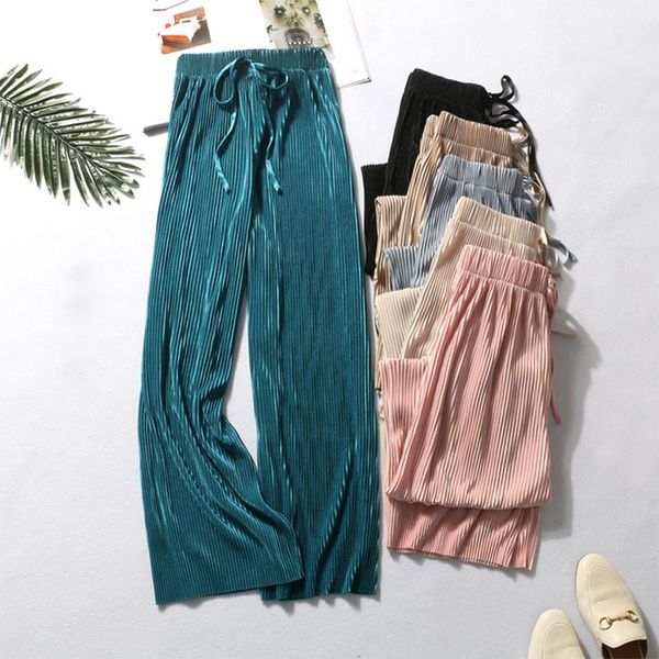 

summer wide leg pants for women casual elastic high waist 2021 new fashion loose long pants pleated pant trousers femme, Black;white
