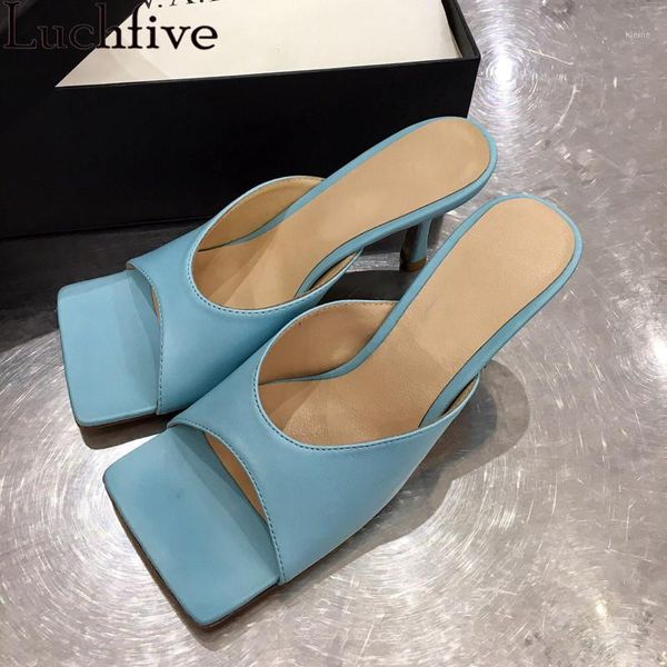 

shallow mouth leather slippers woman square open toe thin high heels sandals muler ladies summer beach party shoes mujer1, Black