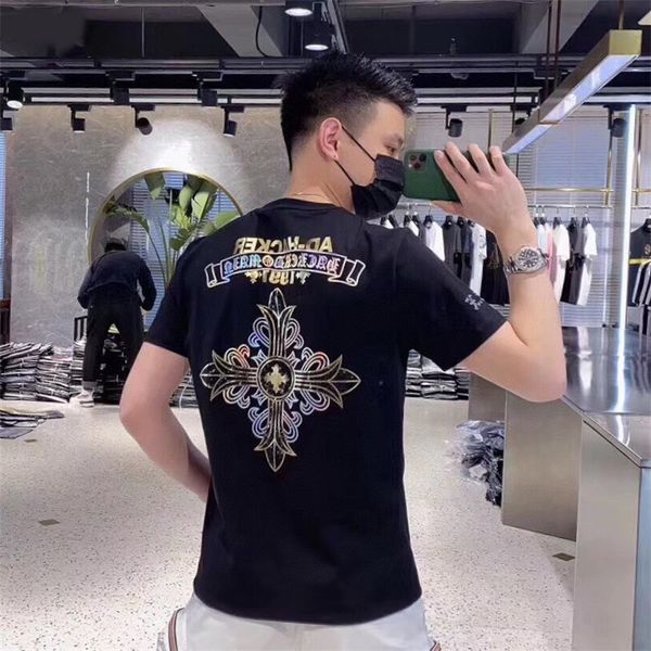 

crosin short sleeve t-shirt with color stamping and diamond printing men's summer new sanskrit cross fashion top, Black