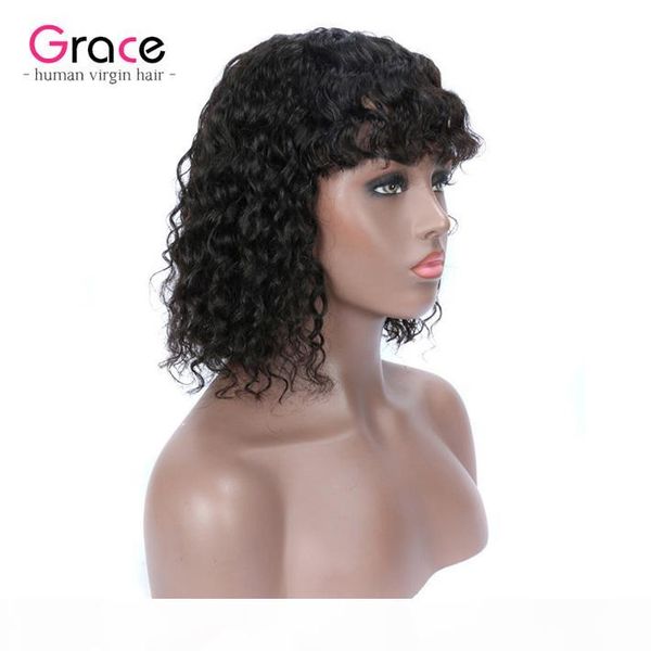 

short pixie cut bob wig raw indian remy deep wave human hair wigs natural full machine made non lace wig with bangs for black women, Black;brown
