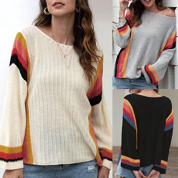 

rainbow hollow out stitching knitted beach sweater long sleeve loose pullover women thin sweater, White;black