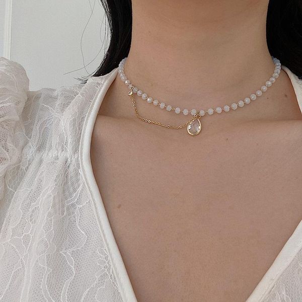 

french neck chain crystal drop zircon pendant clavicle chain gentle fairy short necklace niche fashion xl514, Silver