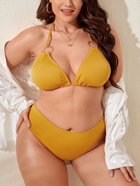 

plus rib ring linked halter triangle bikini swimsuit n6qk#, Black