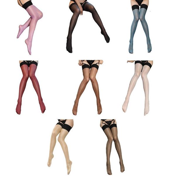 

womens contrast color shiny oil thigh high stockings 30d nylon pantyhose fd, Black;white