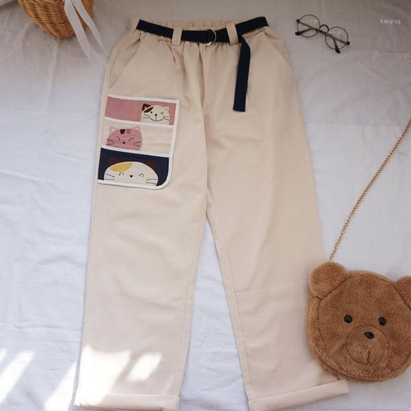

korean harajuku pants women streetwear elastic high waist kawaii cargo trousers cute cat patch leisure loose pants belt1, Black;white