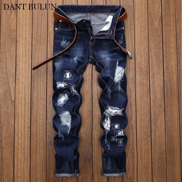 

мужские джинсы брюки прямые streetwear denim slim fit джинсы проблемные ripped брюк с патчи desinger хип-хоп hombre, Blue