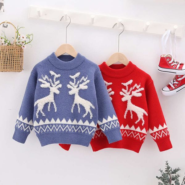 

round clothing new 2020 neck winter pullover boys' red christmas elk middle school children's knitted sweater, Blue