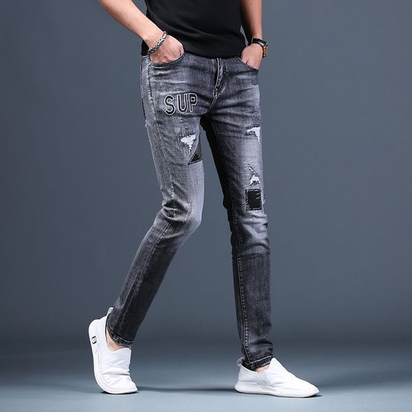 

men's embroidered perforated men's slim trend elastic grey autumn new elastic casual casual pants jeans and jeans pants trend 7hwo, Blue