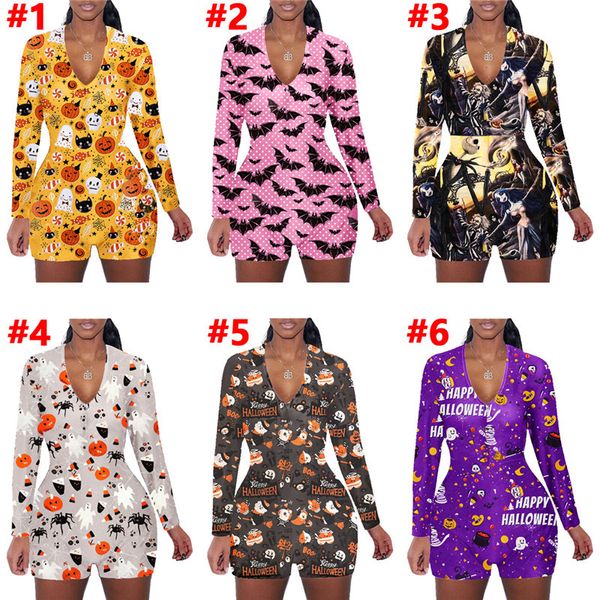 

women jumpsuit romper halloween printing long sleeves shorts home jumpsuits cartoon bat ghost pumpkin siamese trousers 6 colors d102302, Black;white