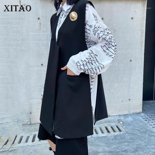 

xitao trend vest women fashion loose plus size black vest personality v neck sleeveless women autumn 2020 clothes dzl19021, Black;white